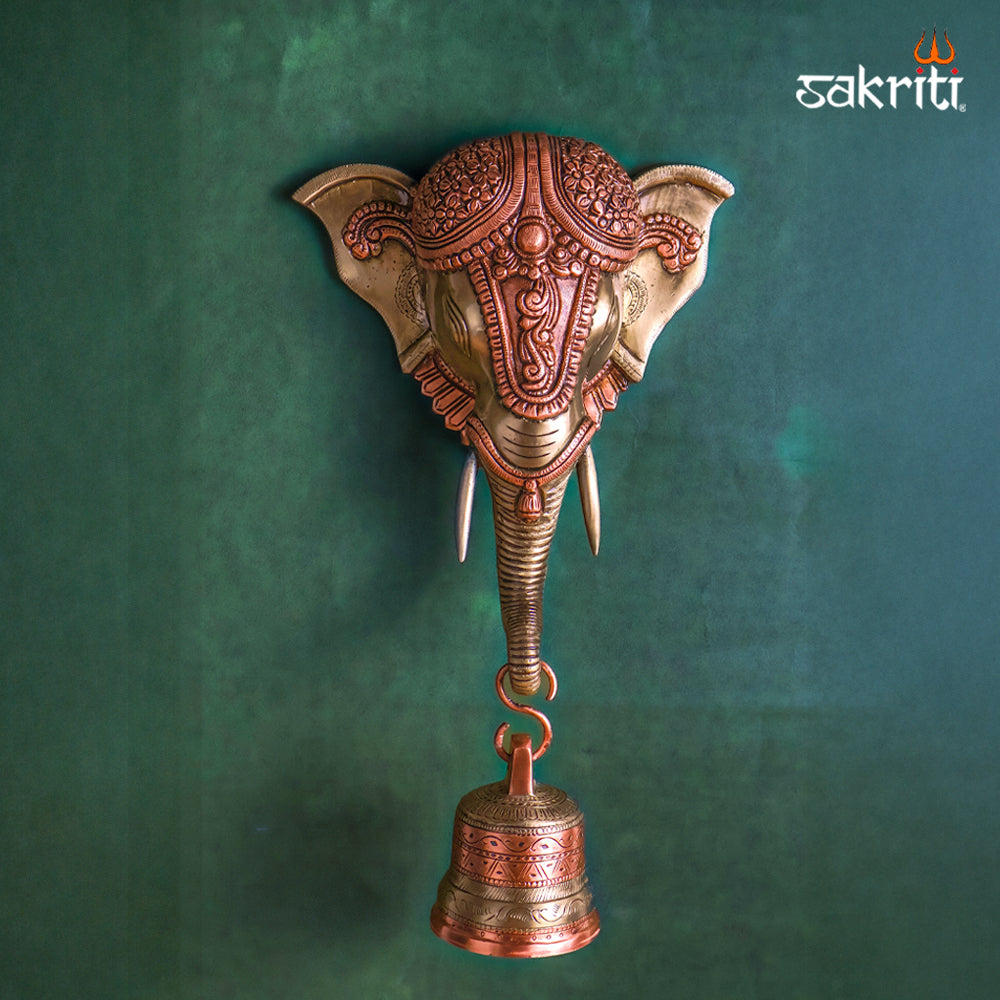 Sacred Needs Brass Elephant Head with Bell Wall Mount – 14.5 Inch (36.8 cm) Height | Decorative Brass Ganesha Elephant Head Hanging for Entrance & Pooja Room