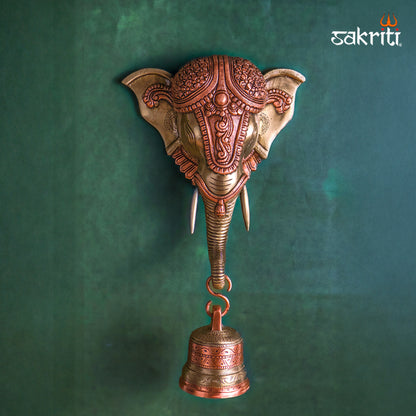 Sacred Needs Brass Elephant Head with Bell Wall Mount – 14.5 Inch (36.8 cm) Height | Decorative Brass Ganesha Elephant Head Hanging for Entrance & Pooja Room