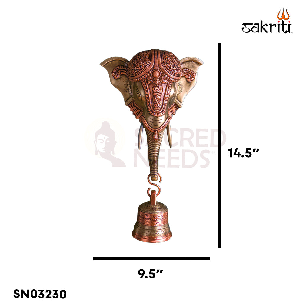 Sacred Needs Brass Elephant Head with Bell Wall Mount – 14.5 Inch (36.8 cm) Height | Decorative Brass Ganesha Elephant Head Hanging for Entrance & Pooja Room