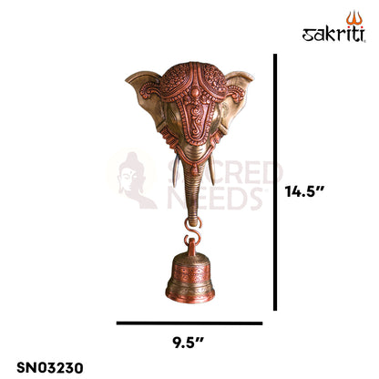 Sacred Needs Brass Elephant Head with Bell Wall Mount – 14.5 Inch (36.8 cm) Height | Decorative Brass Ganesha Elephant Head Hanging for Entrance & Pooja Room