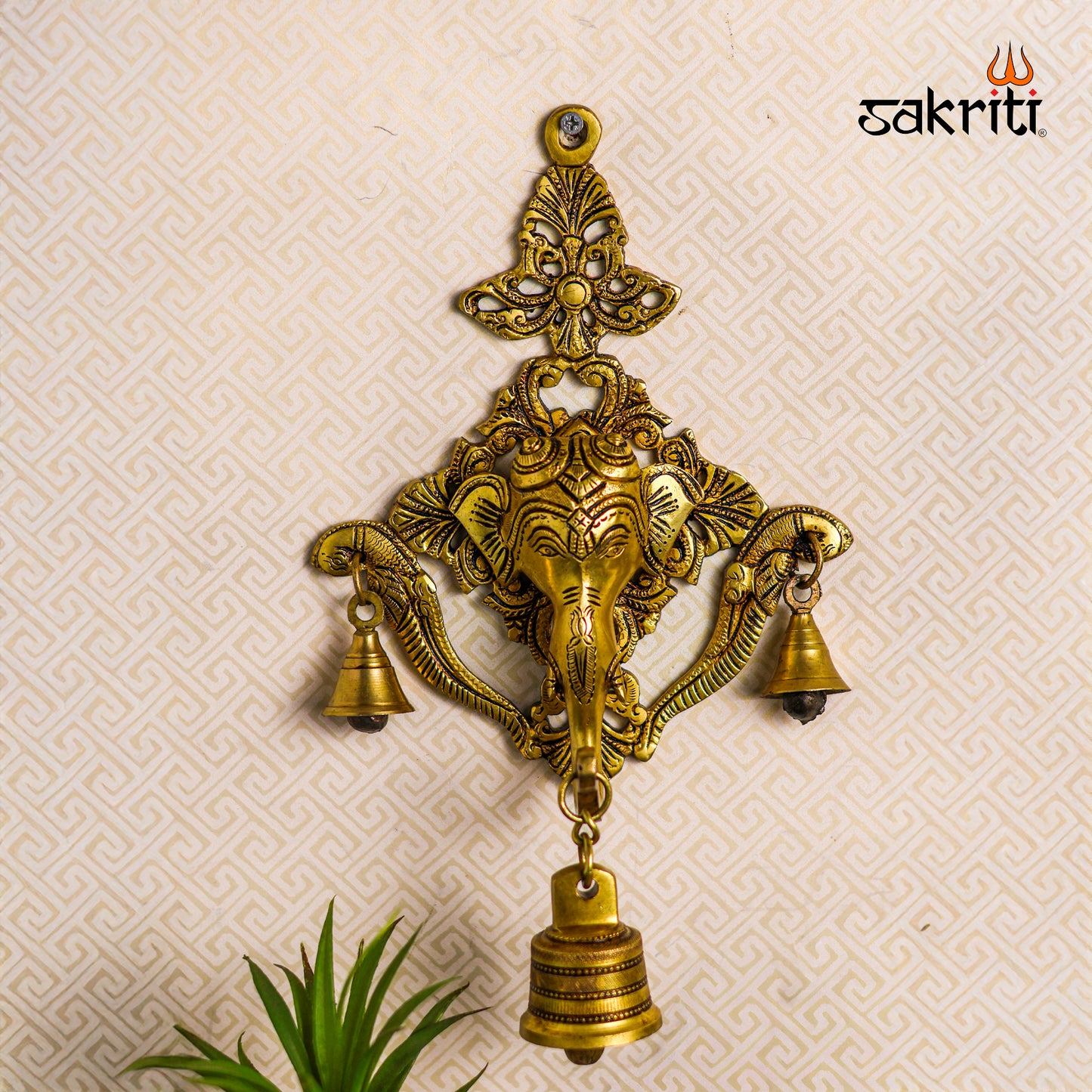Sacred Needs Brass Elephant Wall Hanging with Bell – 12.5 Inch (31.8 cm) Height | Decorative Brass Elephant Wall Décor for Pooja Room & Home