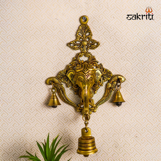 Sacred Needs Brass Elephant Wall Hanging with Bell – 12.5 Inch (31.8 cm) Height | Decorative Brass Elephant Wall Décor for Pooja Room & Home