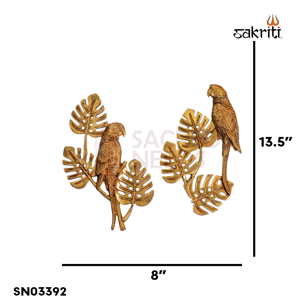 Sacred Needs Brass Parrot with Leaves Wall Mount – 13.5 Inch (34.3 cm) Height | Decorative Brass Bird Wall Hanging for Pooja Room & Home Décor