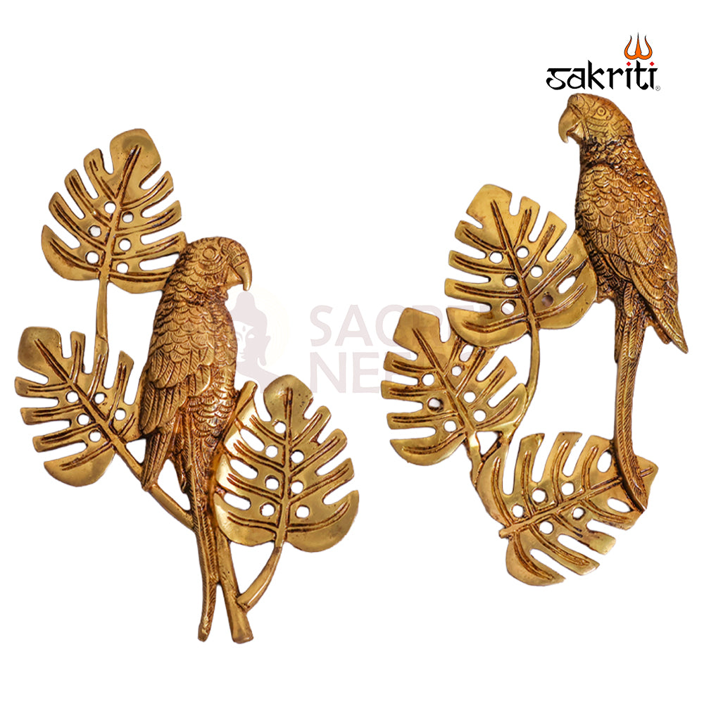Sacred Needs Brass Parrot with Leaves Wall Mount – 13.5 Inch (34.3 cm) Height | Decorative Brass Bird Wall Hanging for Pooja Room & Home Décor