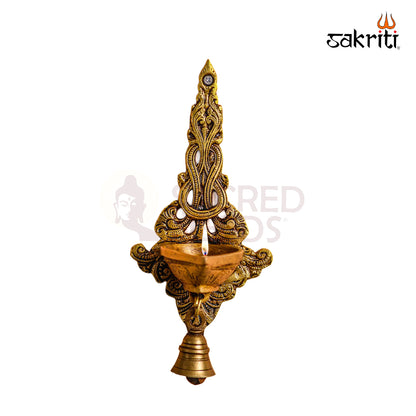 Sacred Needs Brass Wall Mount Deepam with Bell – 9.1 Inch (23.1 cm) Height | Traditional Brass Diya Wall Hanging for Pooja Room & Temple