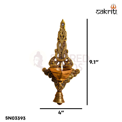 Sacred Needs Brass Wall Mount Deepam with Bell – 9.1 Inch (23.1 cm) Height | Traditional Brass Diya Wall Hanging for Pooja Room & Temple
