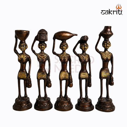 Brass Tribal Lady Set – 7.6 Inch Height | Set of 5 Handcrafted Brass Tribal Lady Figurines for Home Decor & Gifting