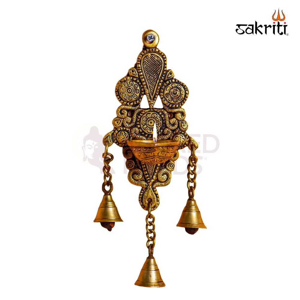 Sacred Needs Brass Wall Mount Deepam with Bell – 10.1 Inch (25.7 cm) Height | Traditional Brass Diya Wall Hanging for Pooja Room & Temple
