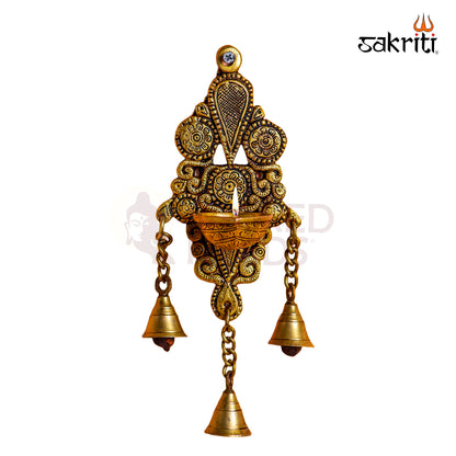 Sacred Needs Brass Wall Mount Deepam with Bell – 10.1 Inch (25.7 cm) Height | Traditional Brass Diya Wall Hanging for Pooja Room & Temple