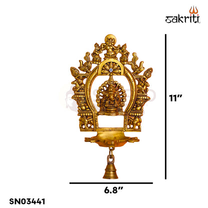 Sacred Needs Brass Wall Mounted Ganesh Deepam with Frame – 11 Inch (27.9 cm) Height | Ganesha Oil Lamp Wall Hanging for Pooja Room & Temple