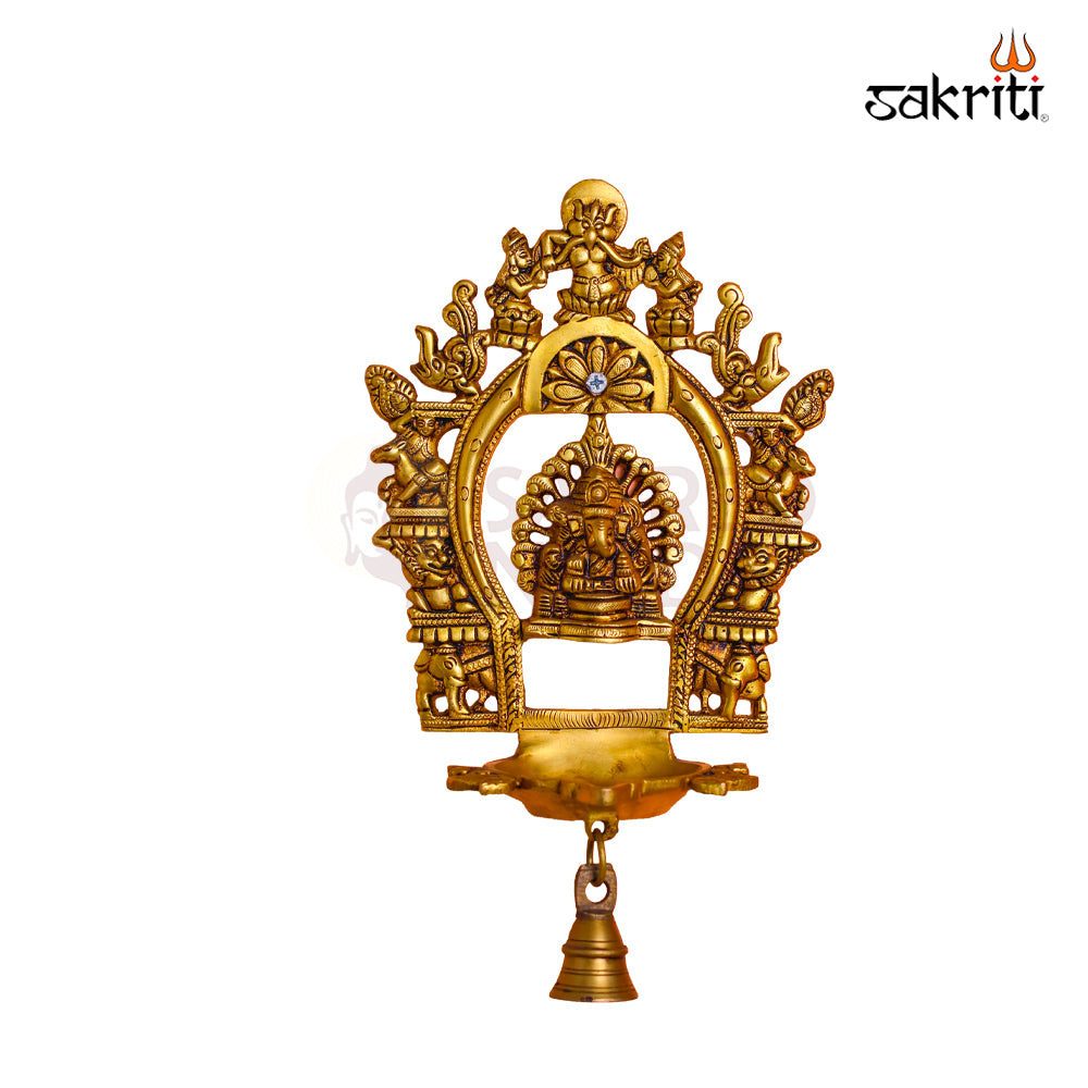 Sacred Needs Brass Wall Mounted Ganesh Deepam with Frame – 11 Inch (27.9 cm) Height | Ganesha Oil Lamp Wall Hanging for Pooja Room & Temple