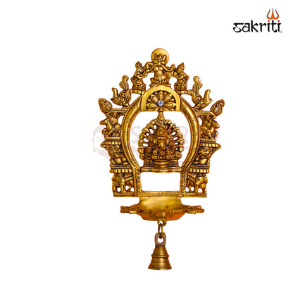 Sacred Needs Brass Wall Mounted Ganesh Deepam with Frame – 11 Inch (27.9 cm) Height | Ganesha Oil Lamp Wall Hanging for Pooja Room & Temple