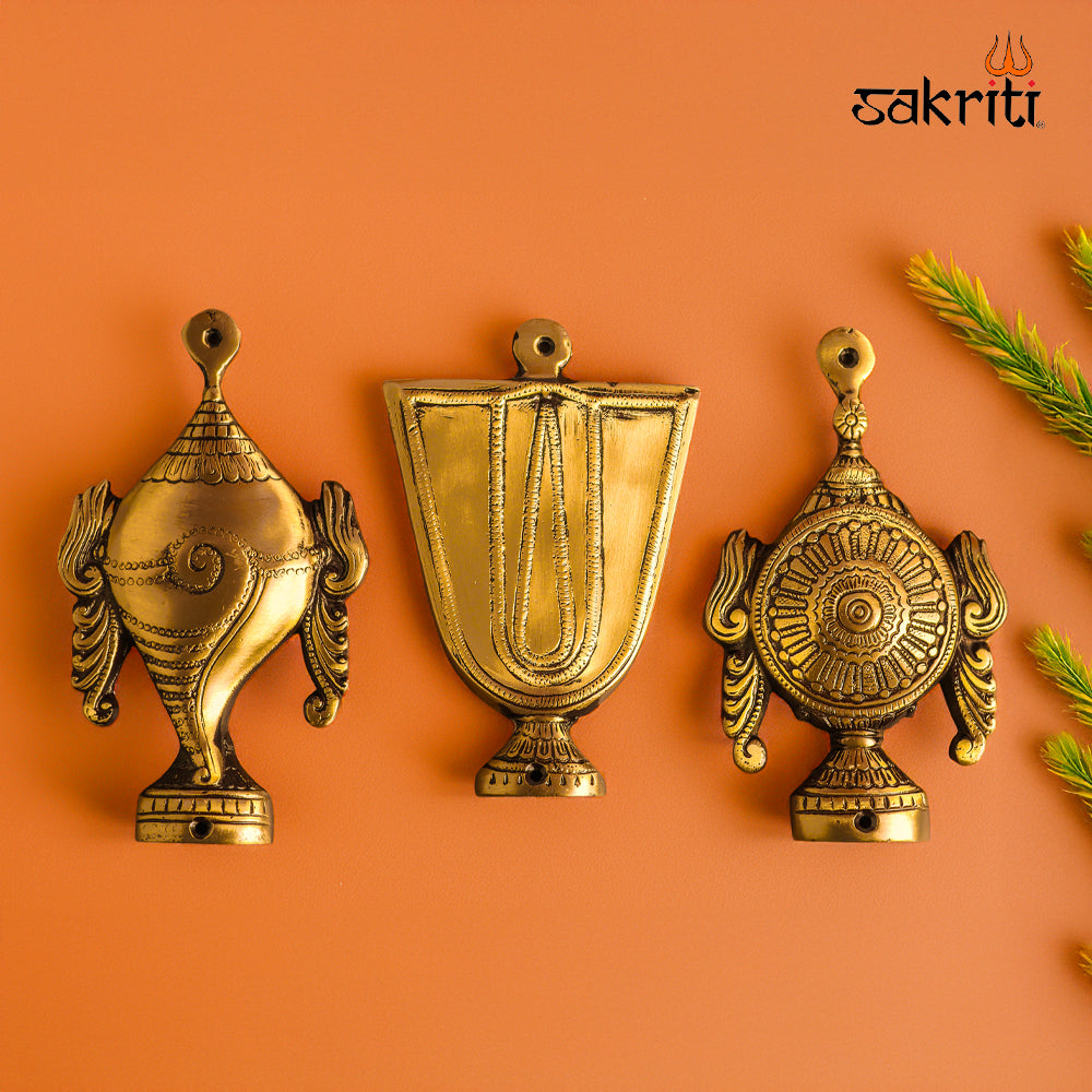 Sacred Needs Brass Shank Chakra Nammam Wall Mount – 6.1 Inch (15.5 cm) Height | Vaishnav Symbol Brass Wall Hanging for Pooja Room & Temple