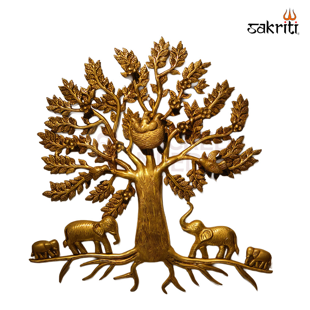 Sacred Needs Brass Tree Wall Mount with Elephant & Birds Nest – 26 Inch (66 cm) Height | Large Decorative Brass Wall Art for Home, Temple & Living Room