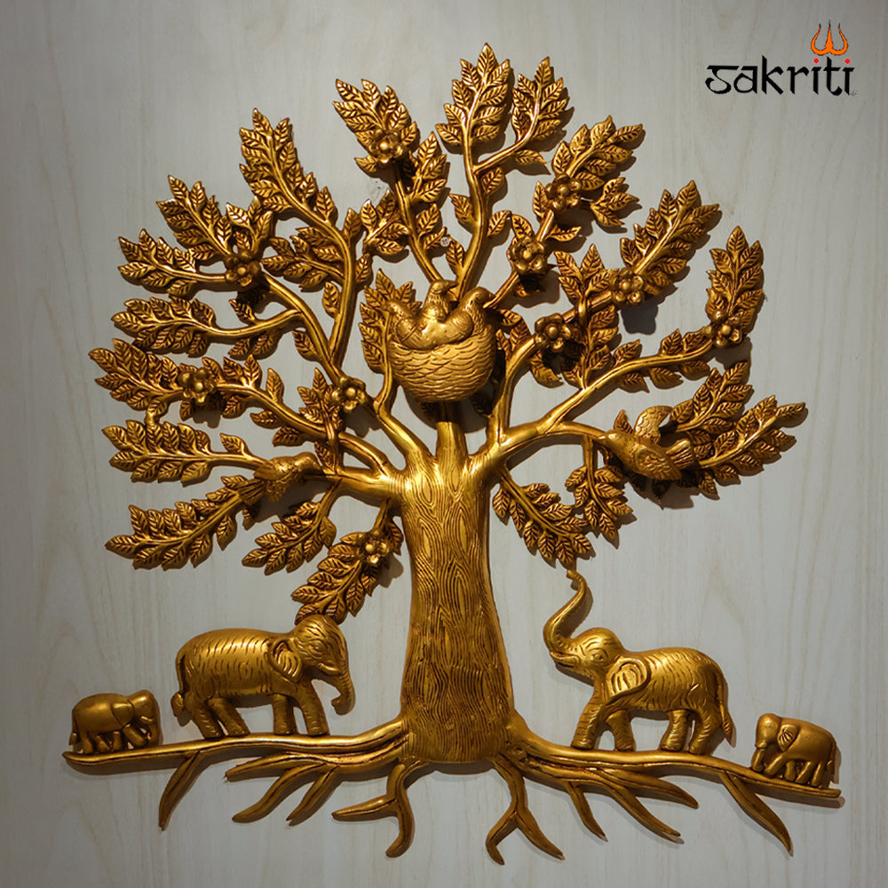 Sacred Needs Brass Tree Wall Mount with Elephant & Birds Nest – 26 Inch (66 cm) Height | Large Decorative Brass Wall Art for Home, Temple & Living Room