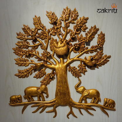 Sacred Needs Brass Tree Wall Mount with Elephant & Birds Nest – 26 Inch (66 cm) Height | Large Decorative Brass Wall Art for Home, Temple & Living Room