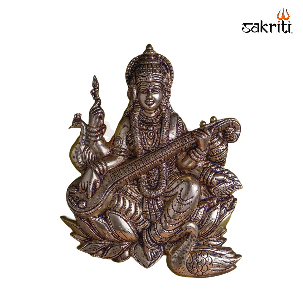 Sacred Needs Brass Saraswathi Wall Mount – 11 Inch (27.9 cm) Height | Goddess Saraswathi with Lotus & Swan Brass Wall Hanging for Pooja Room & Home Décor