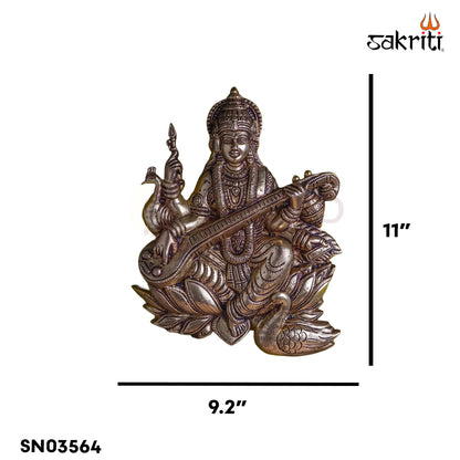Sacred Needs Brass Saraswathi Wall Mount – 11 Inch (27.9 cm) Height | Goddess Saraswathi with Lotus & Swan Brass Wall Hanging for Pooja Room & Home Décor