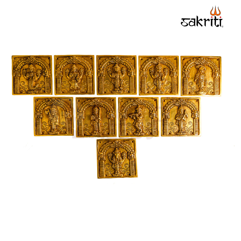 Sacred Needs Brass Square Dasavatharam Wall Mount Set – 5.8 Inch (14.7 cm) | 10 Avatars of Vishnu Decorative Brass Wall Hanging for Pooja Room