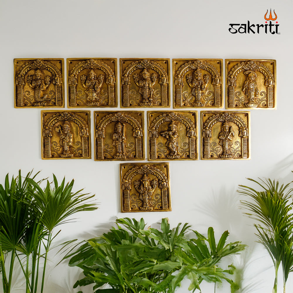 Sacred Needs Brass Square Dasavatharam Wall Mount Set – 5.8 Inch (14.7 cm) | 10 Avatars of Vishnu Decorative Brass Wall Hanging for Pooja Room