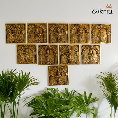 Sacred Needs Brass Square Dasavatharam Wall Mount Set – 5.8 Inch (14.7 cm) | 10 Avatars of Vishnu Decorative Brass Wall Hanging for Pooja Room