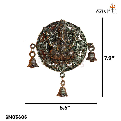 Sacred Needs Brass WC Ganesha Round Wall Mount with Bell – 7.2 Inch (18.3 cm) Height | Decorative Brass Ganesha Wall Hanging for Pooja Room & Entrance
