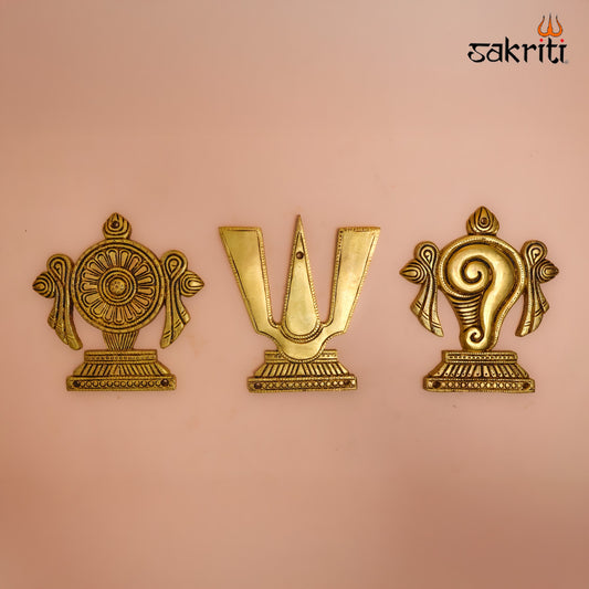 Sacred Needs Brass Shank Chakra Namam Wall Mount Set – 5.8 Inch (14.7 cm) Height | Vaishnav Symbol Wall Hanging for Pooja Room & Temple Décor