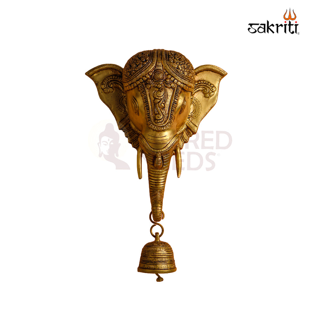 Sacred Needs Brass Elephant Head with Bell – 13 Inch (33 cm) Height | Decorative Brass Wall Hanging for Entrance, Pooja Room & Home Décor