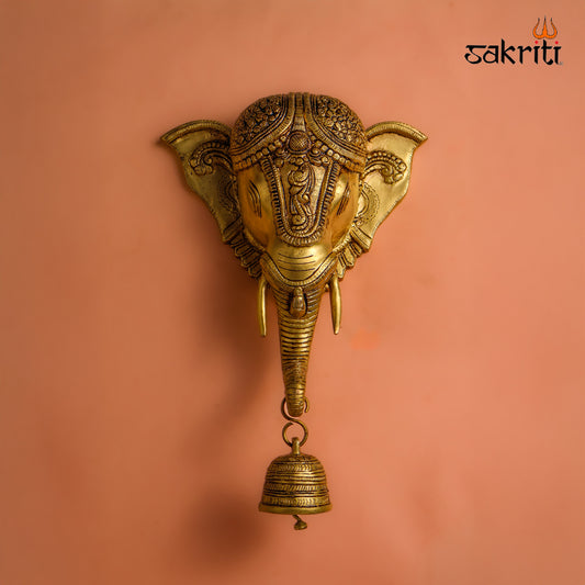 Sacred Needs Brass Elephant Head with Bell – 13 Inch (33 cm) Height | Decorative Brass Wall Hanging for Entrance, Pooja Room & Home Décor
