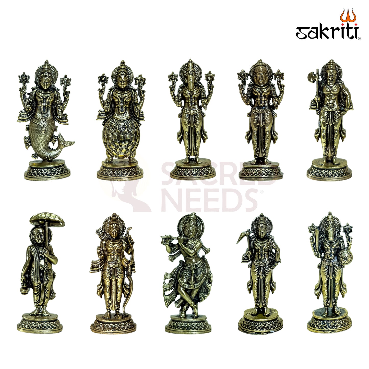 Sacred Needs Brass Dasavatara Set – 4.4 Inch Height | 10 Mini Idols of Vishnu’s Dashavatar for Pooja, Gifting & Collectibles