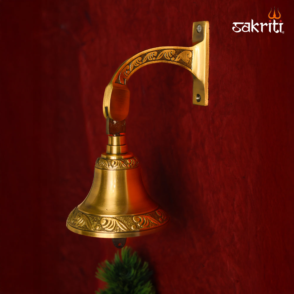 Sacred Needs Brass Wall Mounted Calling Bell – 9.2 Inch (23.4 cm) Height | Traditional Brass Bell for Pooja Room, Temple & Home Entrance