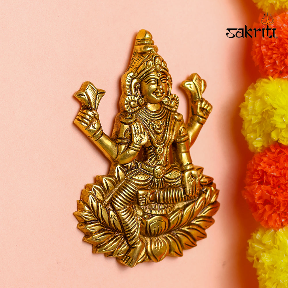 Sacred Needs Brass Lakshmi Wall Mount – 5.4 Inch (13.7 cm) Height | Goddess Lakshmi Brass Wall Hanging for Pooja Room & Home Décor