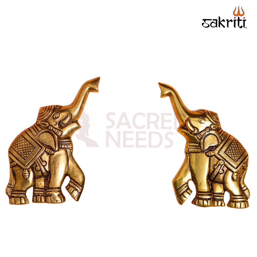 Sacred Needs Brass Elephant Wall Mount Set – 5 Inch (12.7 cm) Height | Decorative Brass Elephant Wall Hanging for Pooja Room & Home Décor