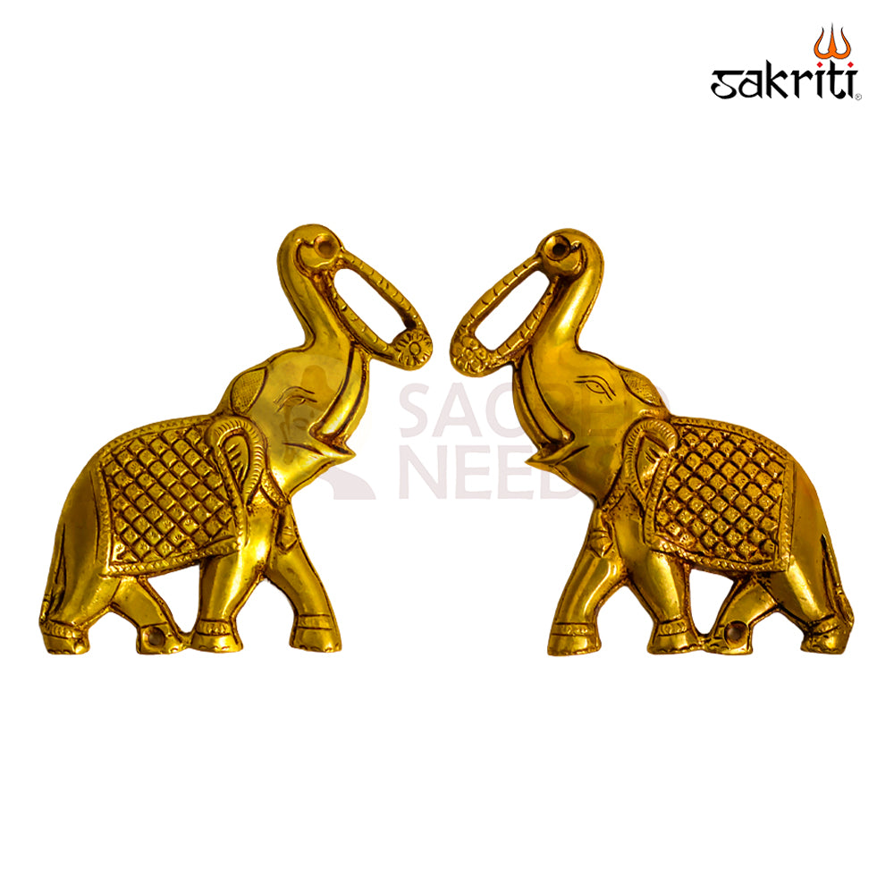 Sacred Needs Brass Elephant with Garland Wall Mount Set – 5.1 Inch (13 cm) Height | Decorative Brass Elephant Wall Hanging for Pooja Room & Home Décor