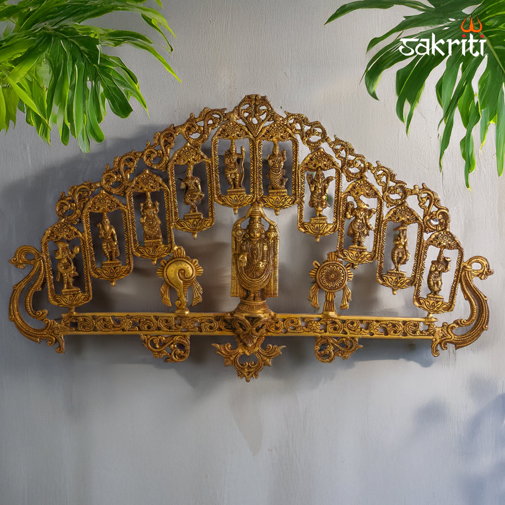 Sacred Needs Brass Balaji Dasavatar Wall Mount – 20 Inch (50.8 cm) Height | Lord Venkateswara Dashavatara Brass Wall Hanging for Temple & Home Décor