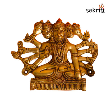 Sacred Needs Brass Panchamugam Hanuman Wall Mount – 6.3 Inch (16 cm) Height | Five-Faced Hanuman Brass Wall Hanging for Pooja Room & Temple Décor