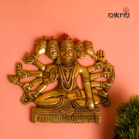 Sacred Needs Brass Panchamugam Hanuman Wall Mount – 6.3 Inch (16 cm) Height | Five-Faced Hanuman Brass Wall Hanging for Pooja Room & Temple Décor
