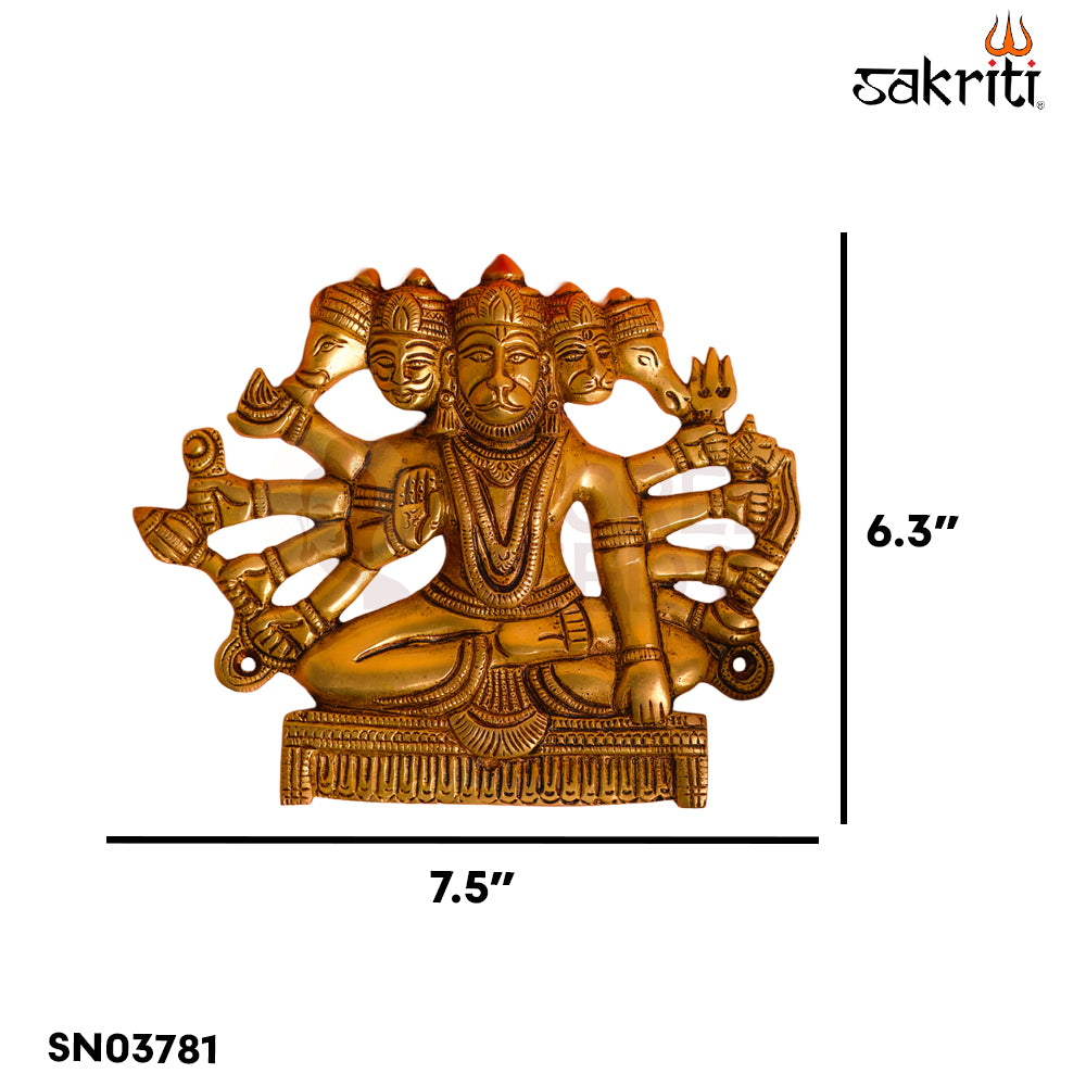 Sacred Needs Brass Panchamugam Hanuman Wall Mount – 6.3 Inch (16 cm) Height | Five-Faced Hanuman Brass Wall Hanging for Pooja Room & Temple Décor