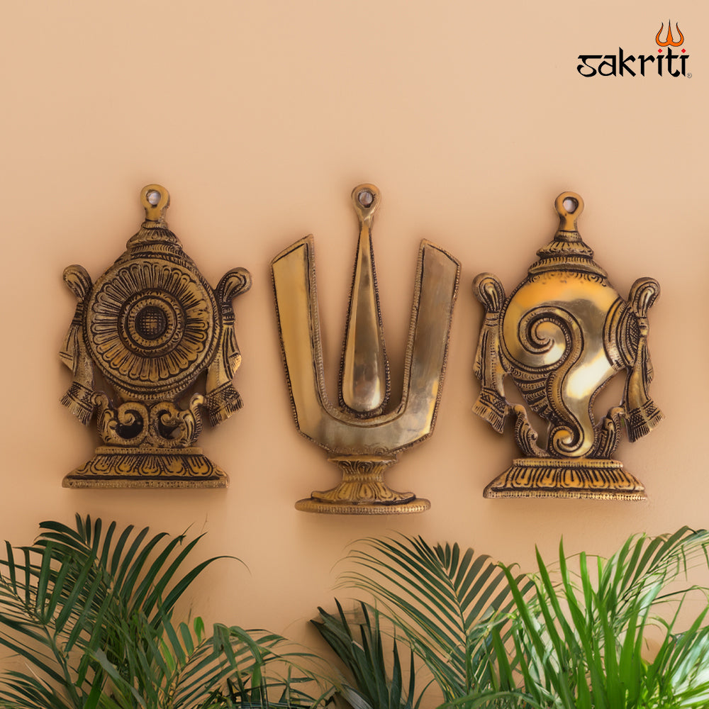 Sacred Needs Brass Shank Chakara Nammam Wall Mount Set – 8 Inch (20.3 cm) Height | Vaishnav Symbol Wall Hanging for Pooja Room & Temple Décor