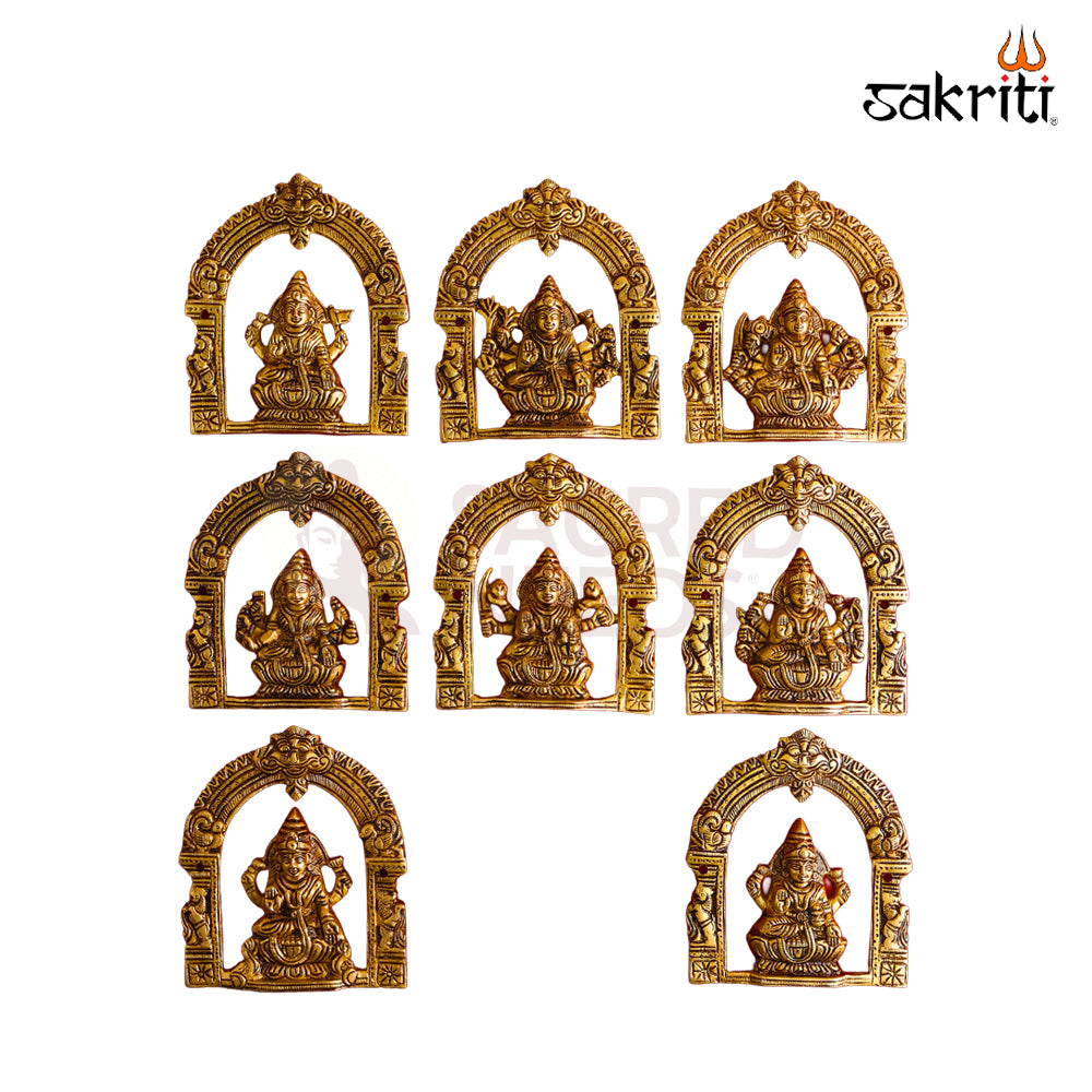 Sacred Needs Brass Astalakshmi Wall Mount with Frame – 5.8 Inch (14.7 cm) Height | Decorative Brass Ashta Lakshmi Wall Hanging for Pooja Room & Home Décor