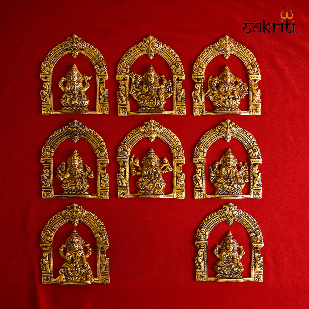 Sacred Needs Brass Astalakshmi Wall Mount with Frame – 5.8 Inch (14.7 cm) Height | Decorative Brass Ashta Lakshmi Wall Hanging for Pooja Room & Home Décor