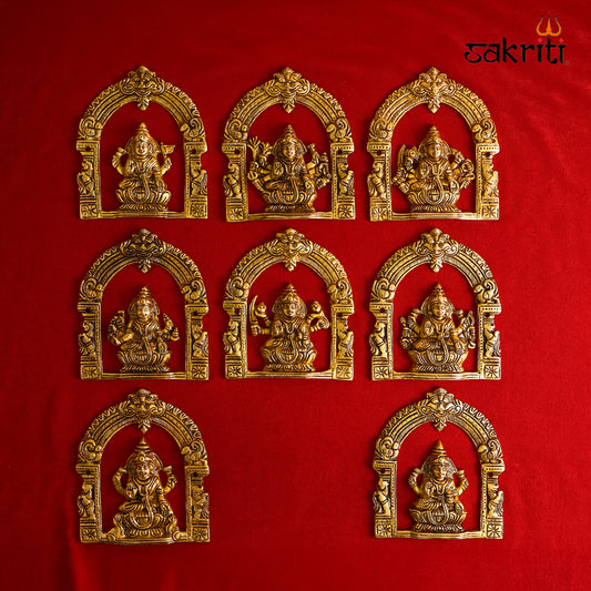 Sacred Needs Brass Astalakshmi Wall Mount with Frame – 5.8 Inch (14.7 cm) Height | Decorative Brass Ashta Lakshmi Wall Hanging for Pooja Room & Home Décor