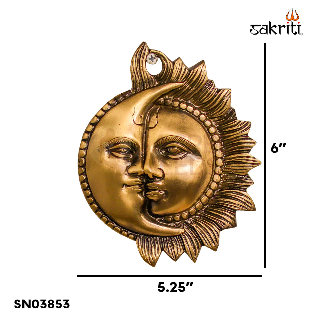 Sacred Needs Brass Sun & Moon Wall Mount – 6 Inch (15.2 cm) Height | 150 mm Brass Surya Chandra Wall Hanging for Pooja Room & Home Décor