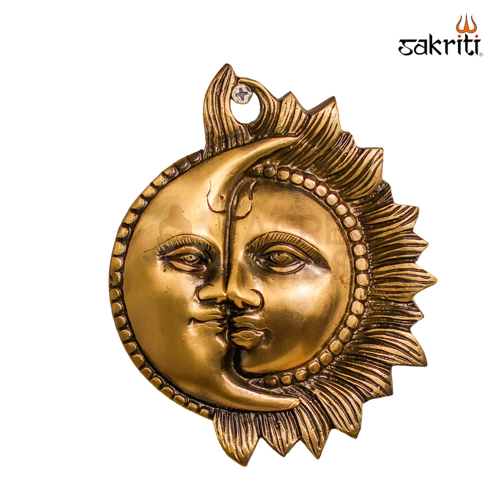 Sacred Needs Brass Sun & Moon Wall Mount – 6 Inch (15.2 cm) Height | 150 mm Brass Surya Chandra Wall Hanging for Pooja Room & Home Décor
