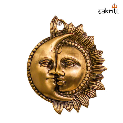 Sacred Needs Brass Sun & Moon Wall Mount – 6 Inch (15.2 cm) Height | 150 mm Brass Surya Chandra Wall Hanging for Pooja Room & Home Décor