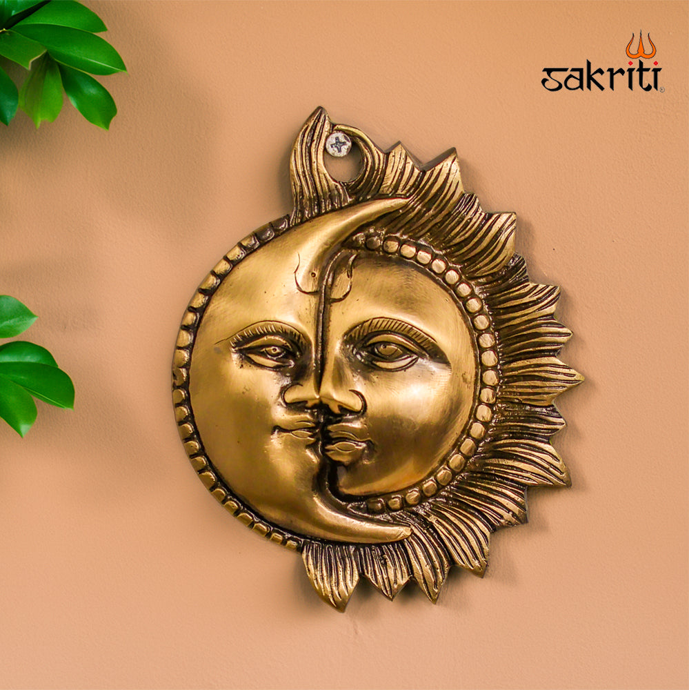 Sacred Needs Brass Sun & Moon Wall Mount – 6 Inch (15.2 cm) Height | 150 mm Brass Surya Chandra Wall Hanging for Pooja Room & Home Décor