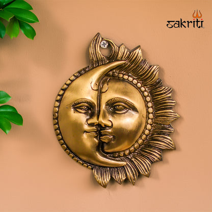 Sacred Needs Brass Sun & Moon Wall Mount – 6 Inch (15.2 cm) Height | 150 mm Brass Surya Chandra Wall Hanging for Pooja Room & Home Décor
