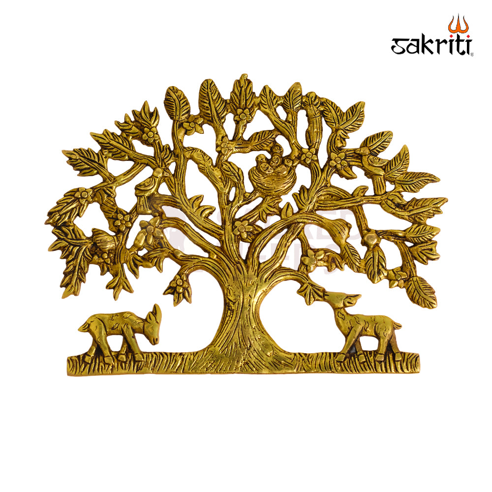 Sacred Needs Brass Tree with Deer Wall Mount – 8 Inch (20.3 cm) Height | Decorative Brass Nature Wall Hanging for Pooja Room & Home Décor