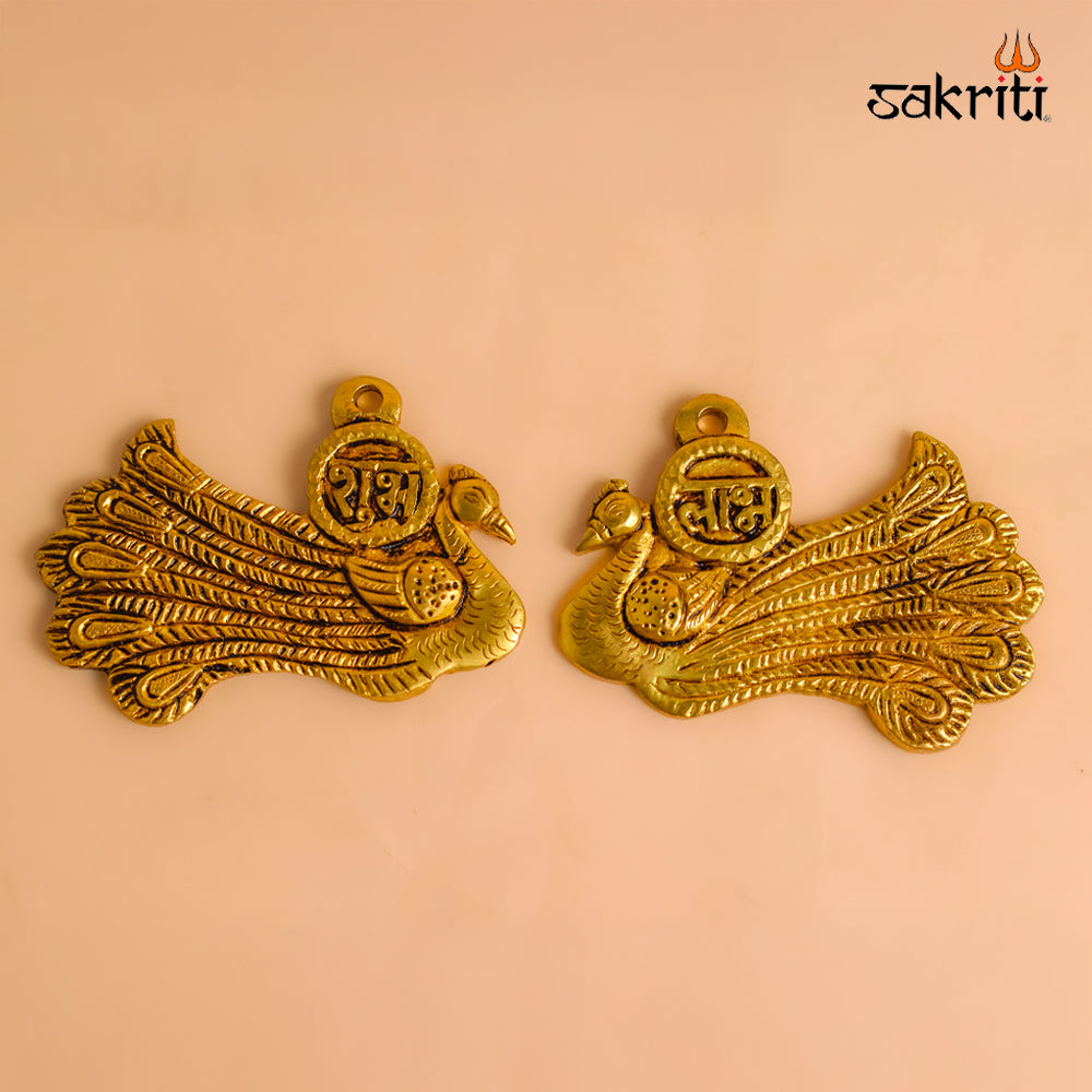 Sacred Needs Brass Peacock Shubh Labh Wall Mount – 2.5 Inch (6.4 cm) Height | Decorative Brass Shubh Labh Wall Hanging for Entrance & Pooja Room