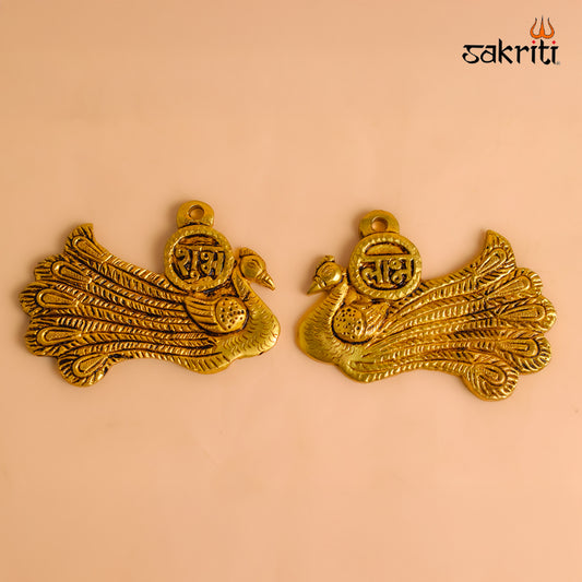 Sacred Needs Brass Peacock Shubh Labh Wall Mount – 2.5 Inch (6.4 cm) Height | Decorative Brass Shubh Labh Wall Hanging for Entrance & Pooja Room